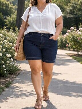 Christopher & Banks Plus Size Dark Wash Denim Bermuda Shorts Cotton Blend